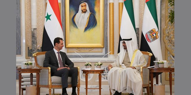 الرئيس الأسد والشيخ محمد بن زايد يبحثان التطورات الإيجابية في المنطقة والتعاون الاقتصادي بين البلدين